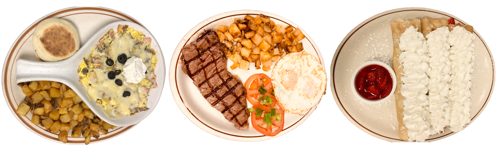 Eggs, Steak, Hashbrowns, and Crepes